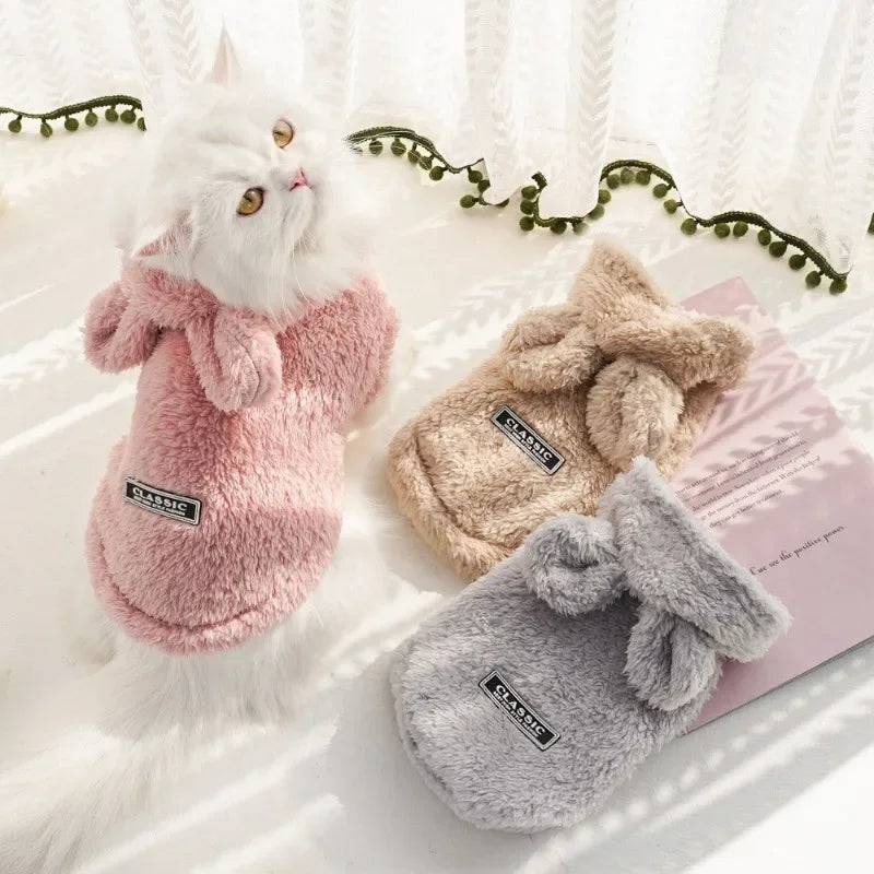 Flannel Cotton Pet Coat | Warm Cat & Puppy Jacket with Rabbit Ears